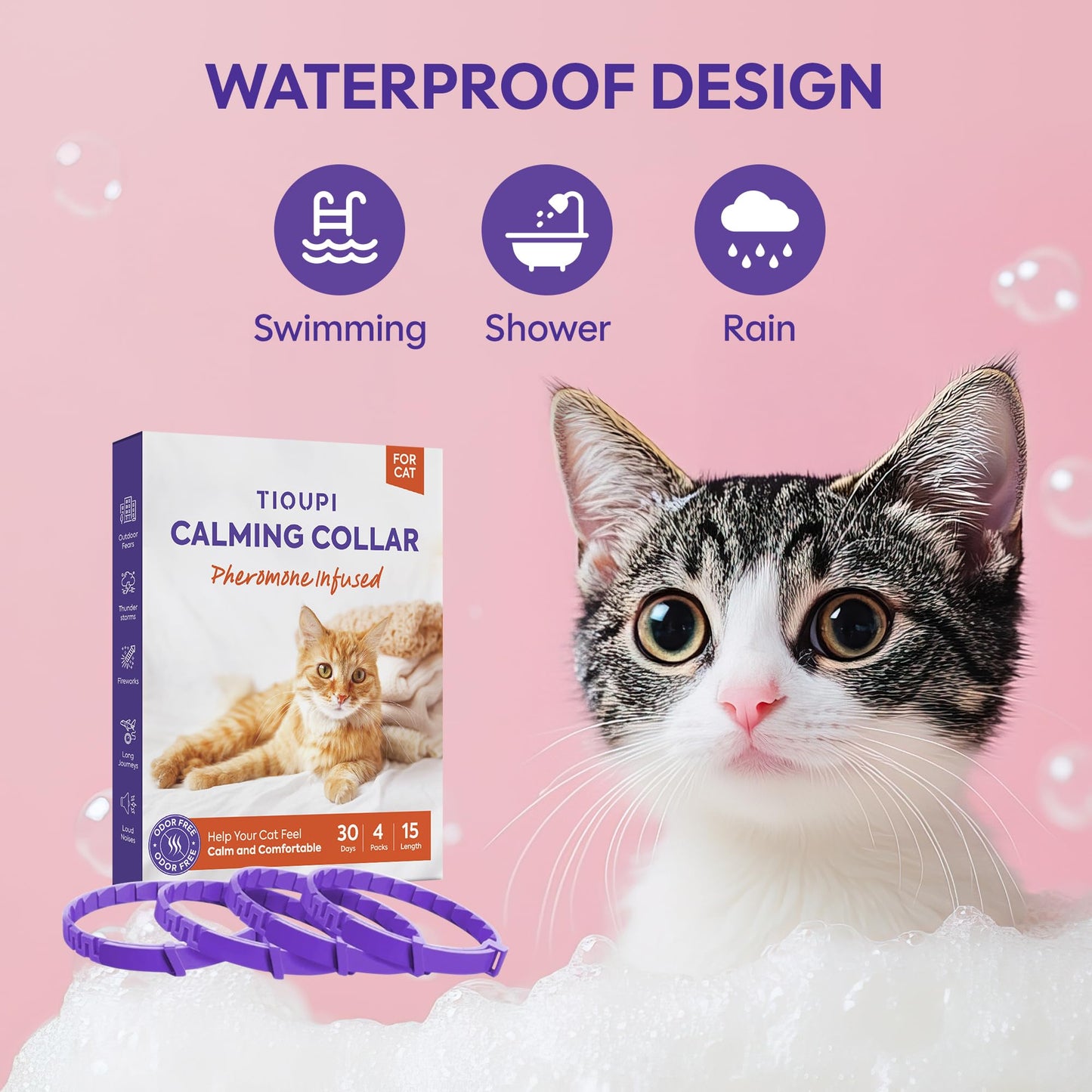 Cat Calming Collar 4 Pack – Pheromone Collar for Cats, Adjustable Breakaway, Water-Resistant, Stress Relief, Helps Reduce Scratching, Noise Sensitivity & Separation Anxiety